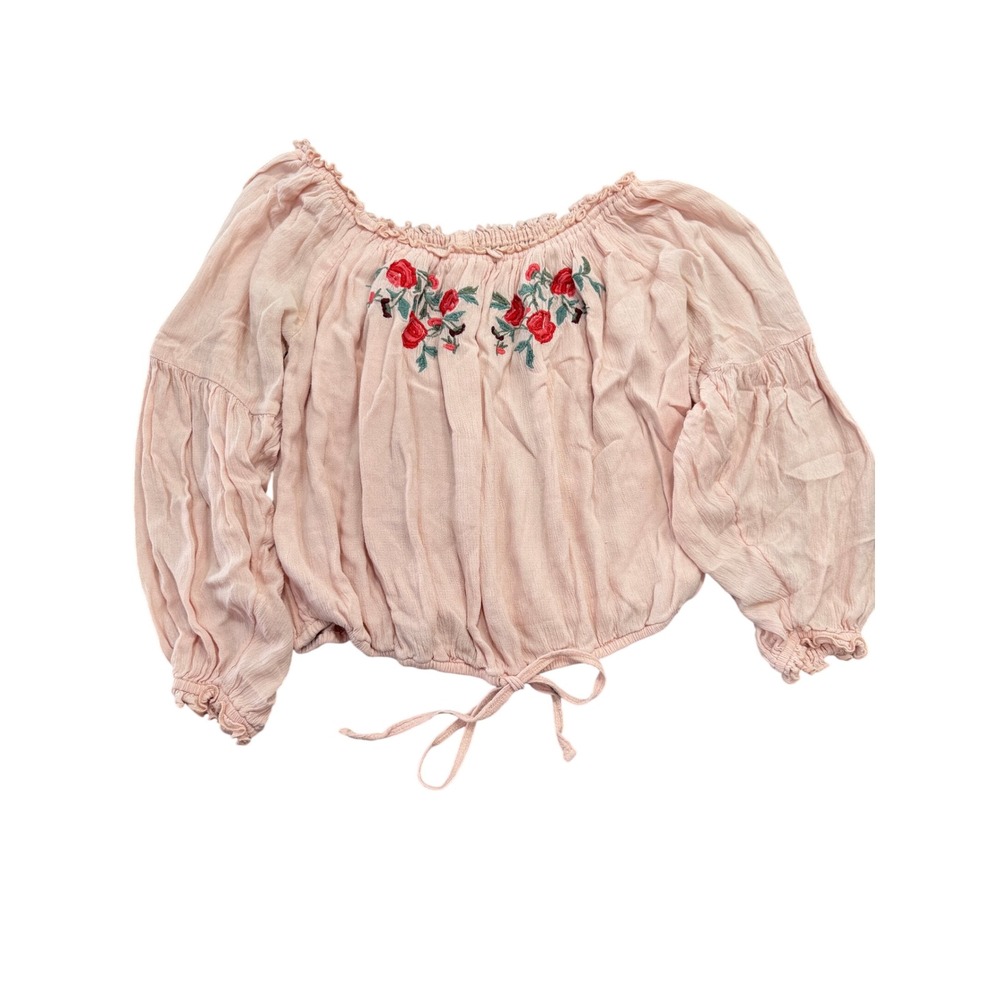 Hollister Womens Small Pink Floral Embroidered Off Shoulder Balloon Sleeve Top - Picture 2 of 7